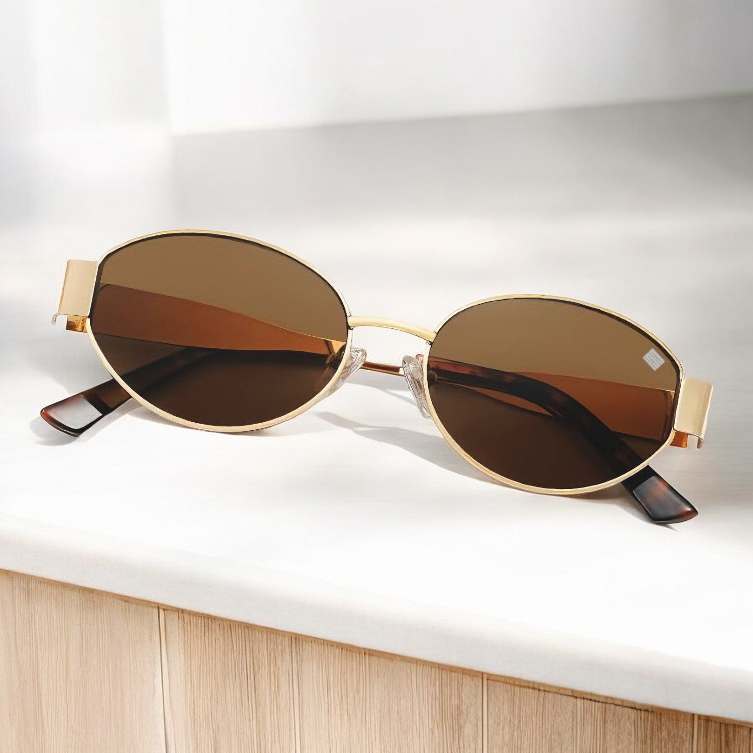 Cloverla Brown Metal Oval Sunglasses for Women _7