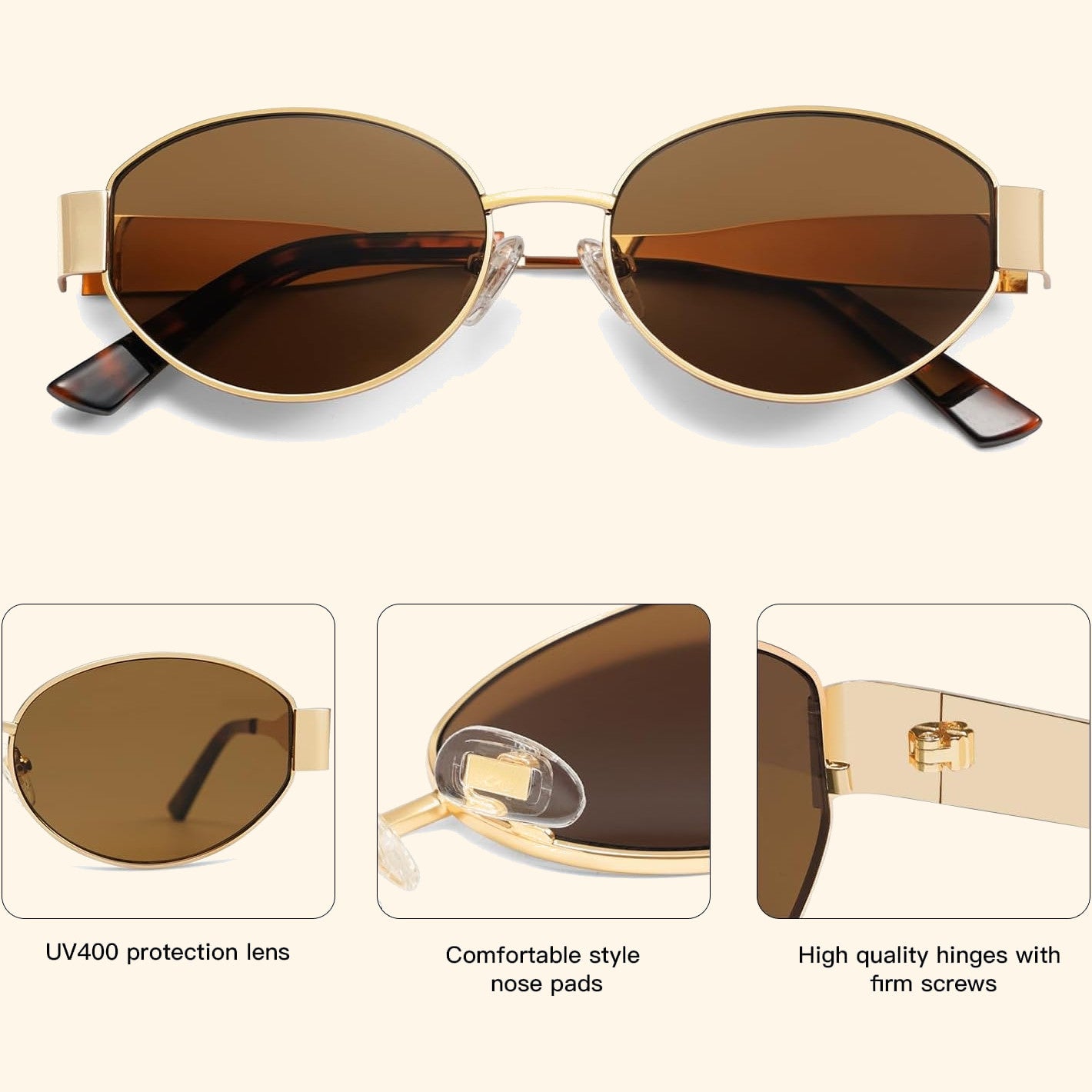 Cloverla Metal Oval Sunglasses for Women Brown _2