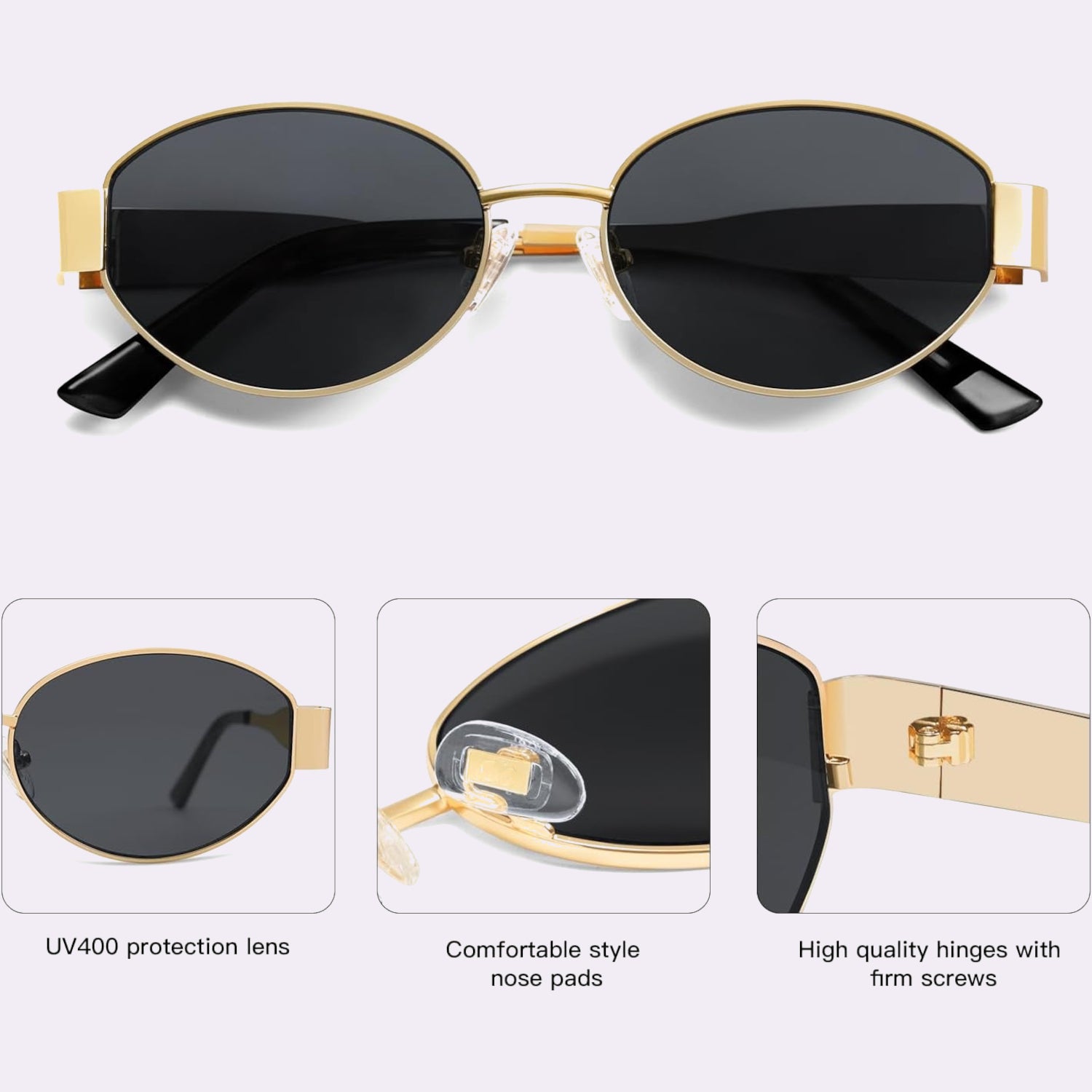 Cloverla Metal Oval Sunglasses for Women Gold _4