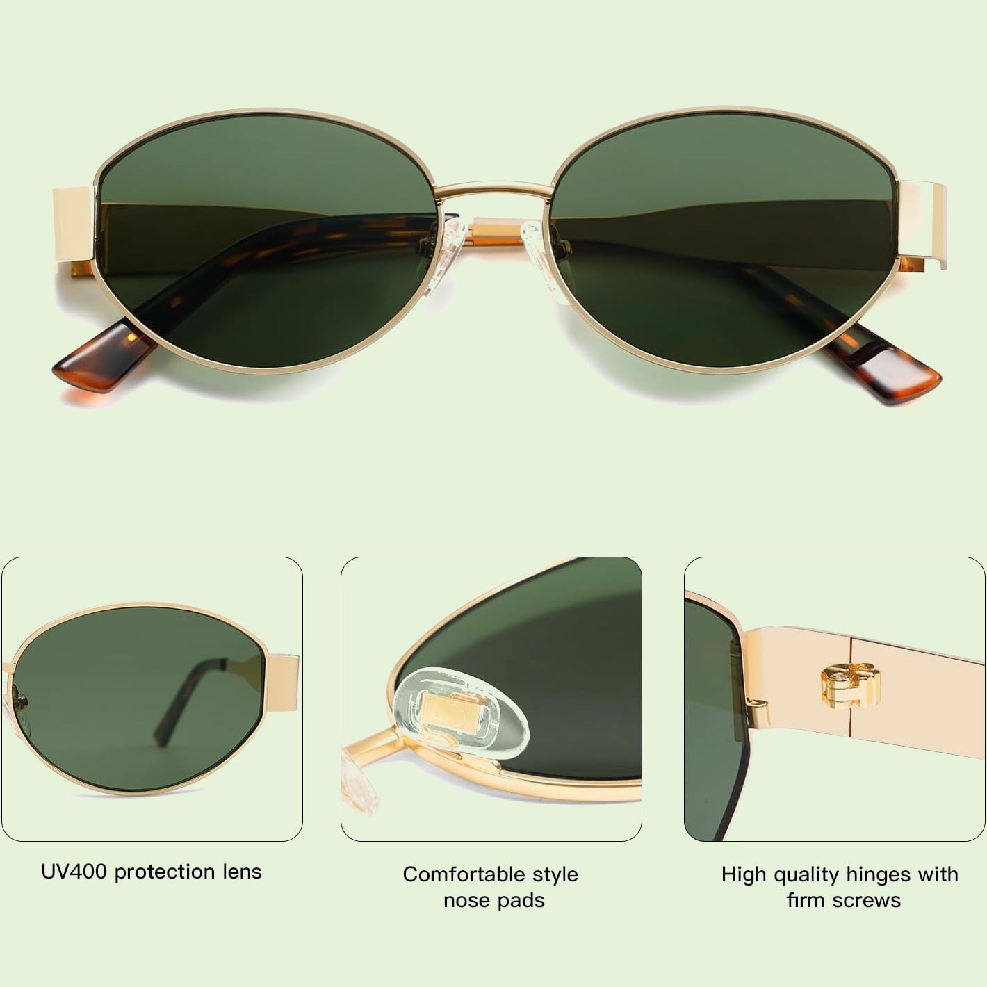 Cloverla Metal Oval Sunglasses for Women Green _3