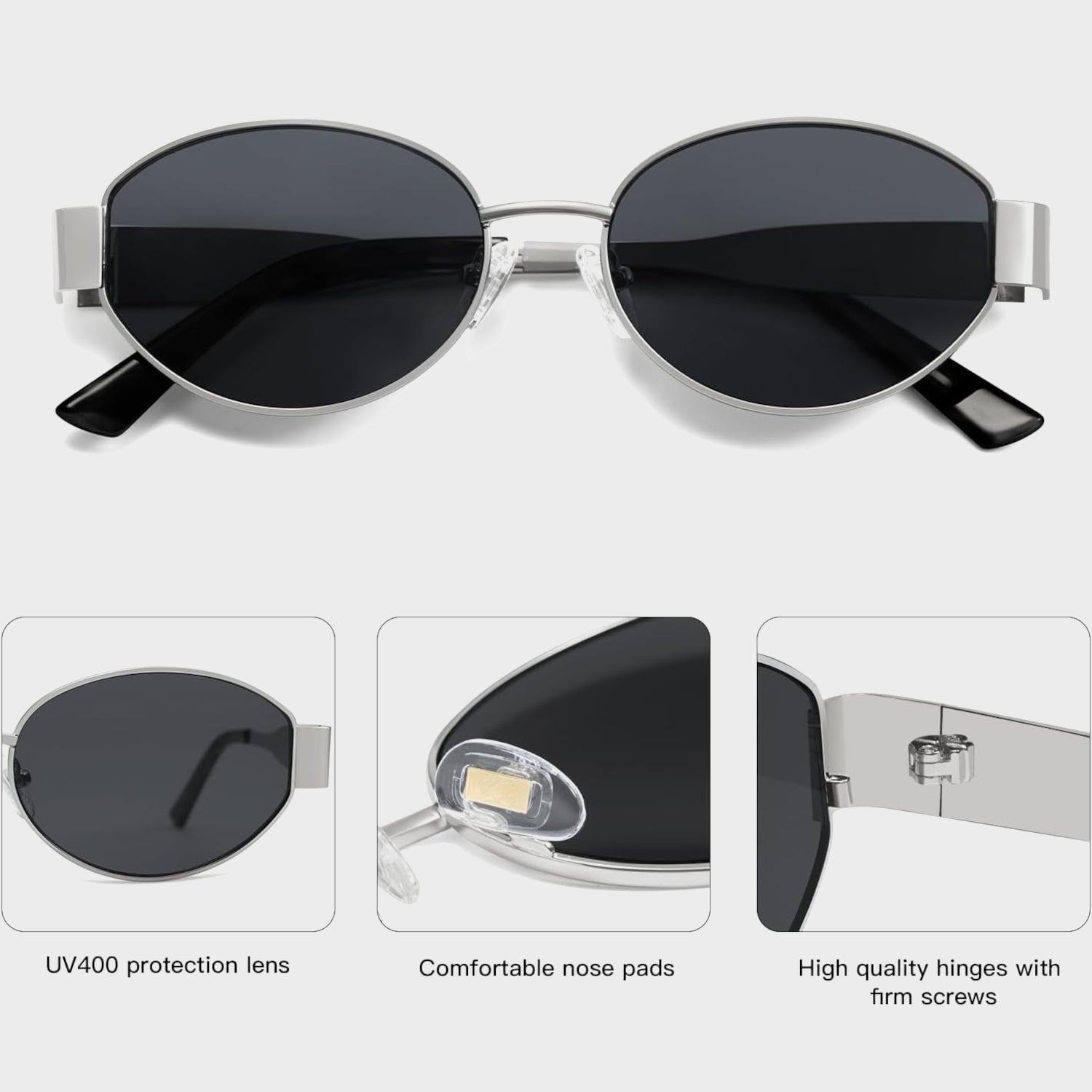 Cloverla Metal Oval Sunglasses for Women Silver Black _1