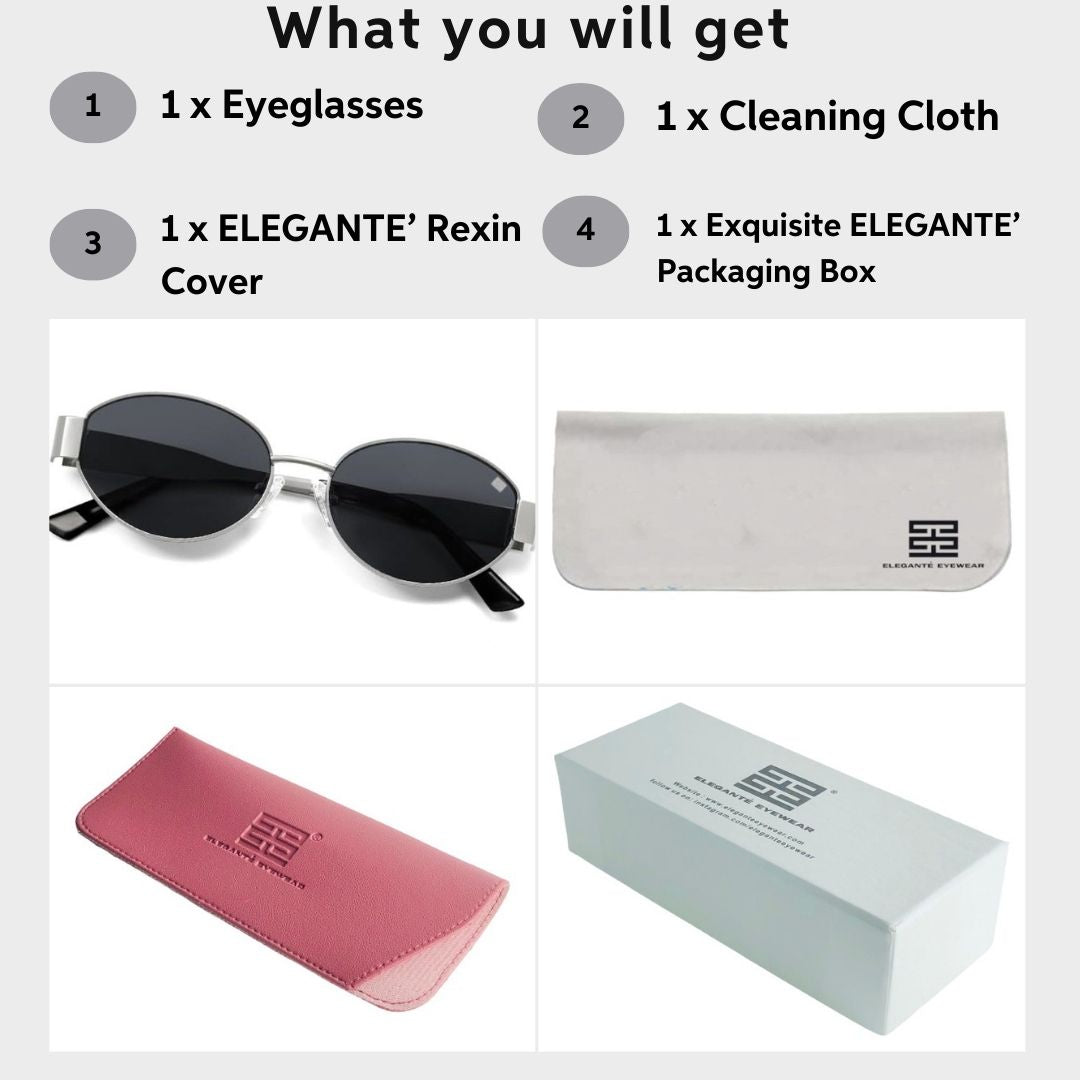 Cloverla Metal Oval Sunglasses for Women Silver Black _5