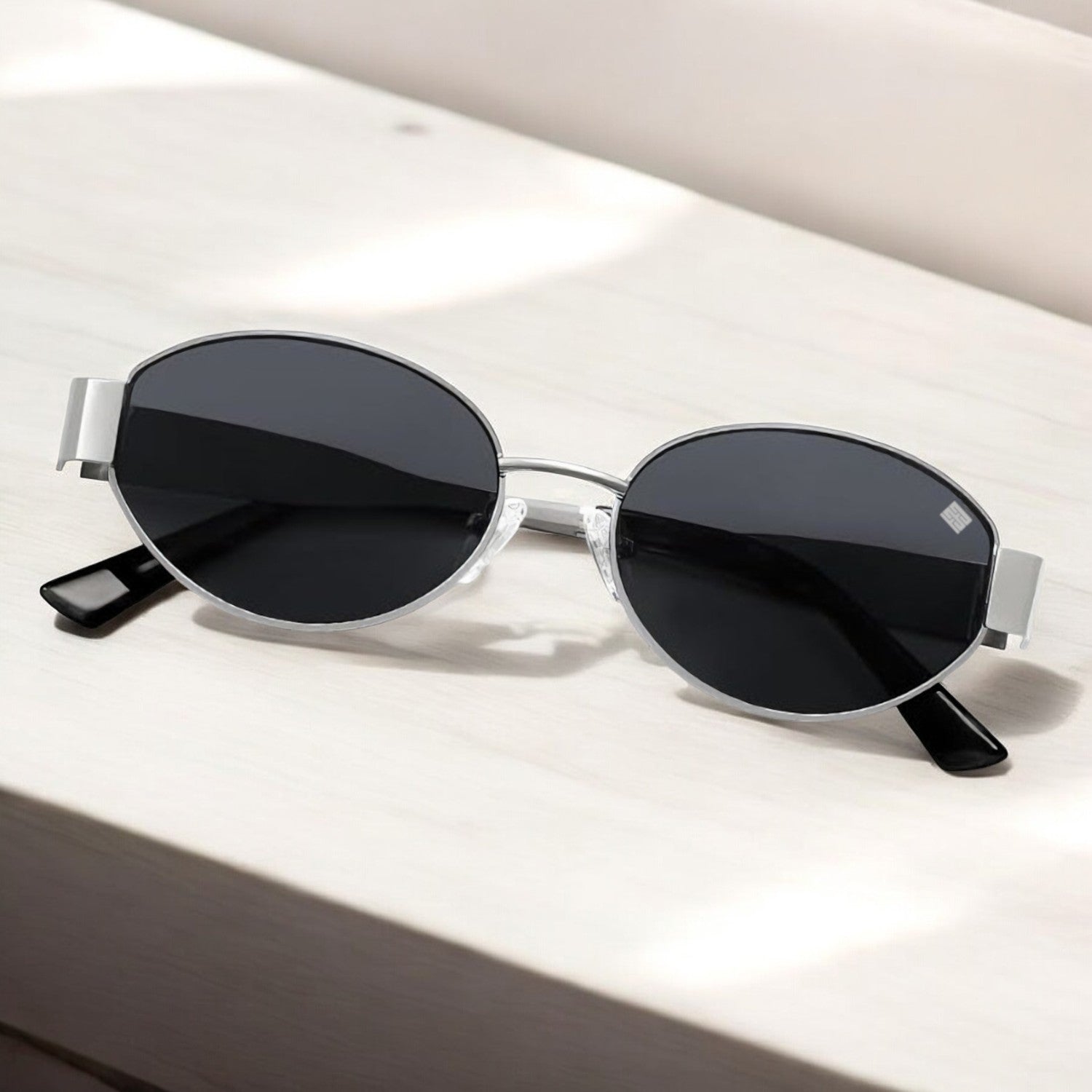 Cloverla Silver Metal Oval Sunglasses for Women _5