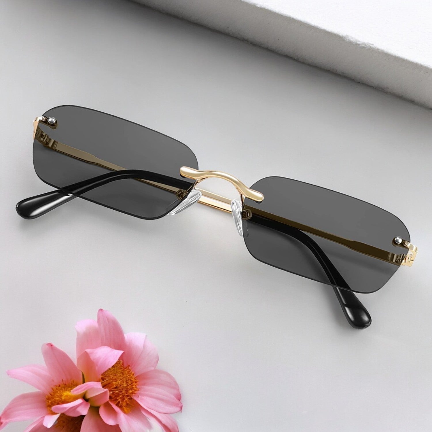 Glarex Narrow Rimless Black Rectangular Sunglasses