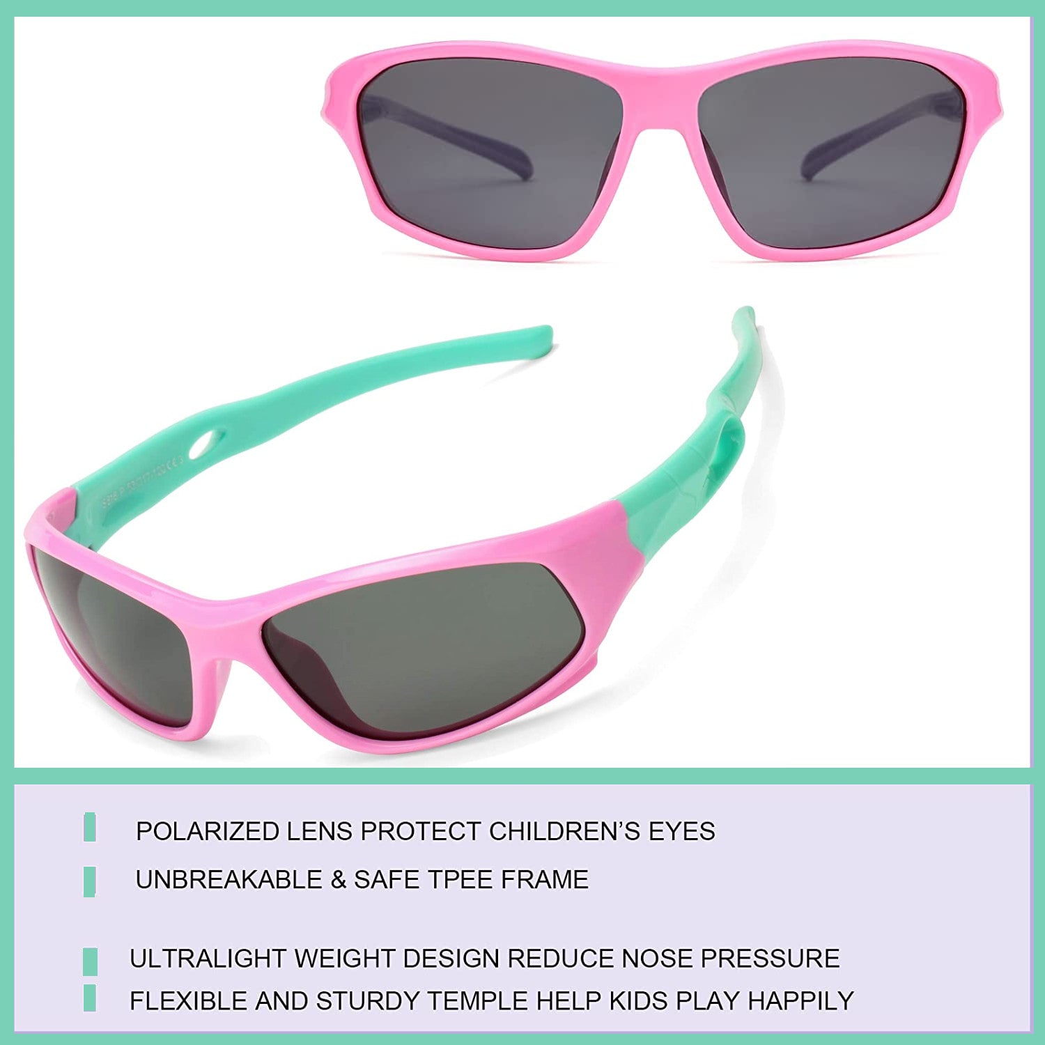 Unbreakable and Flexible Pink Green Kids Polarized Sports Sunglasses