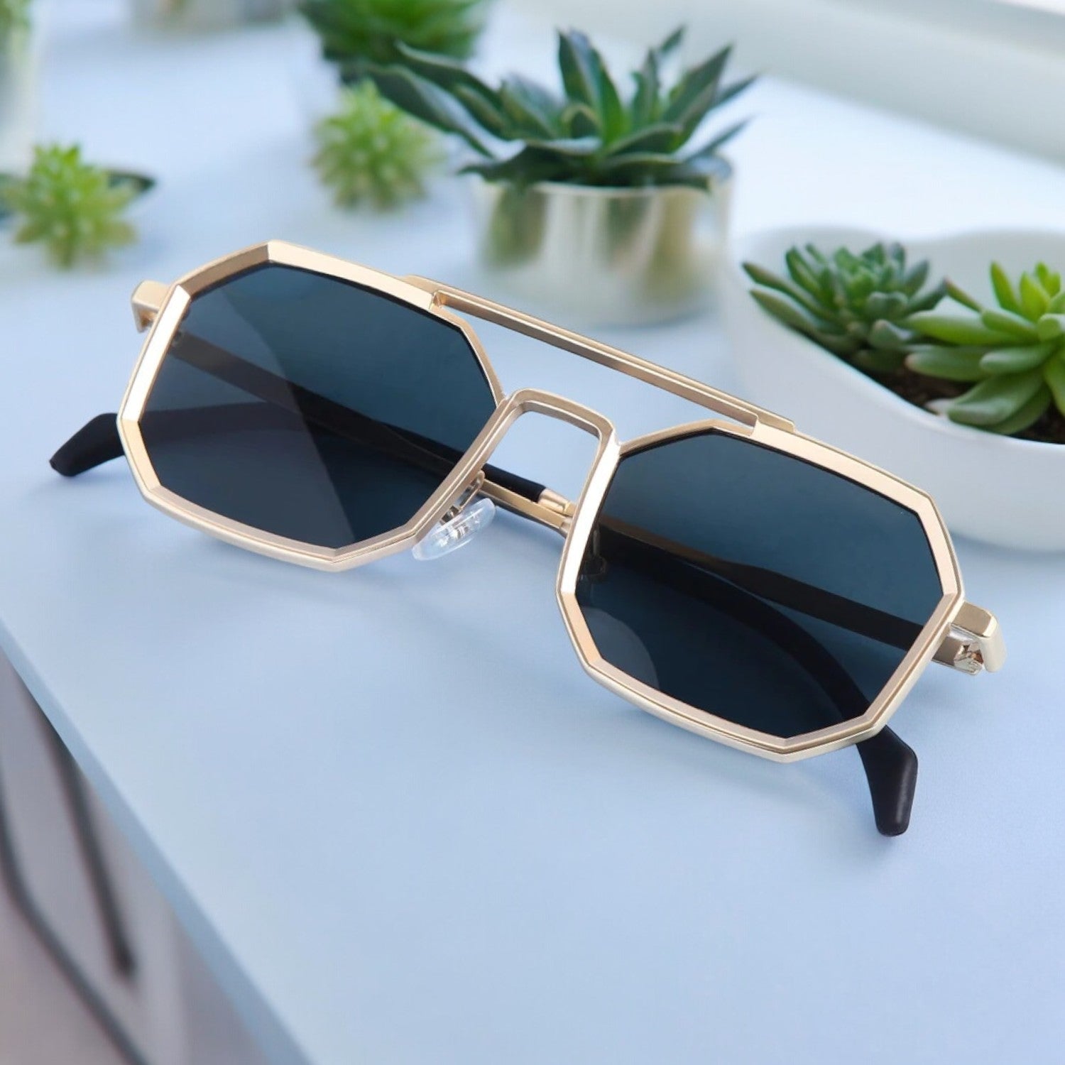 Vintage Square Polygon Golden Metal Hexagonal Sunglasses _1